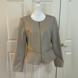 Calvin Klein khaki zip up jacket with gold tone zippers, size 10